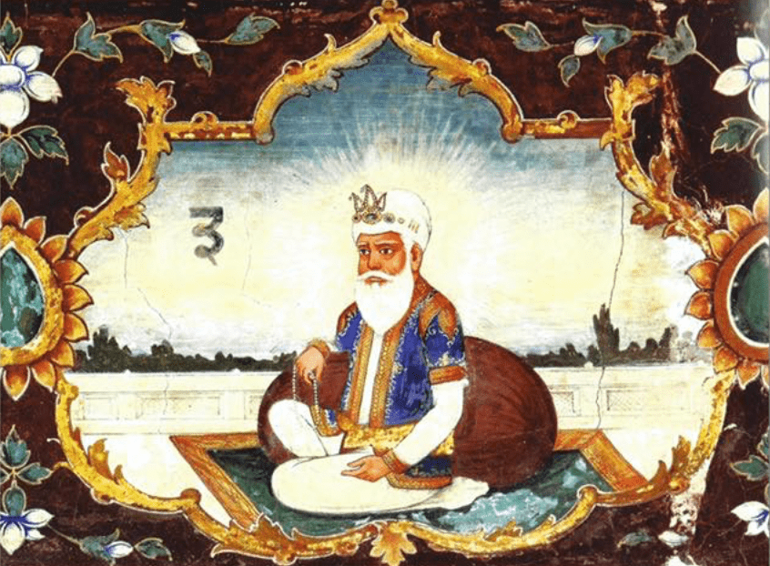 Traditional painting of Guru Nanak Dev Ji with Ik Onkar